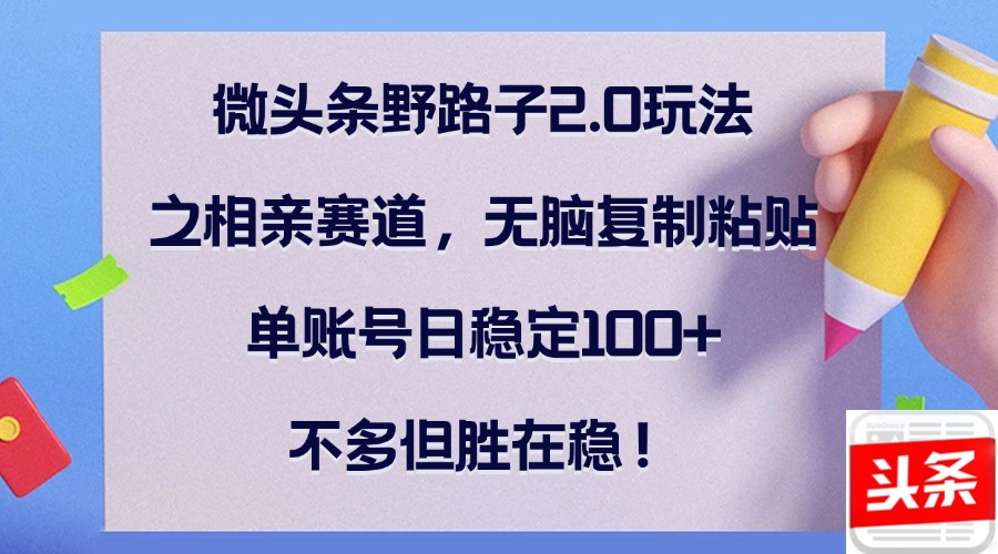 （12763期）微头条野路子2.0玩法之相亲赛道，无脑复制粘贴，单账号日稳定100+，不…-91学习网