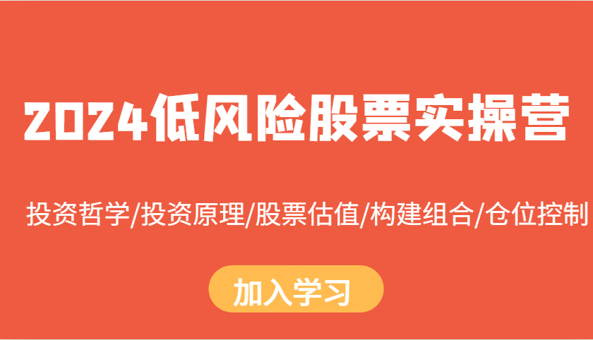 2024低风险股票实操营：投资哲学/投资原理/股票估值/构建组合/仓位控制-91学习网