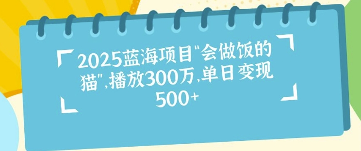 2025蓝海项目“会做饭的猫”，播放300万，单日变现多张-91学习网